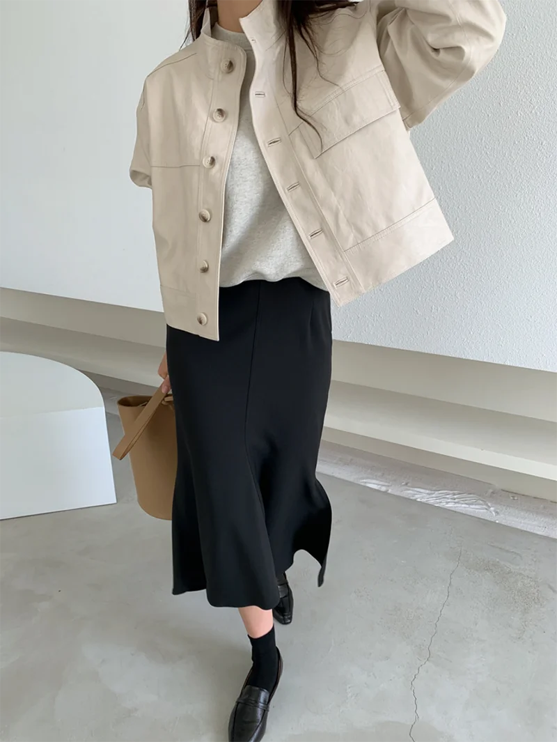 ZURICHOUSE Simple Wild Single Breasted Leather Jacket Women Fashion Stand Collar Loose Casual Faux Leather Locomotive Coat