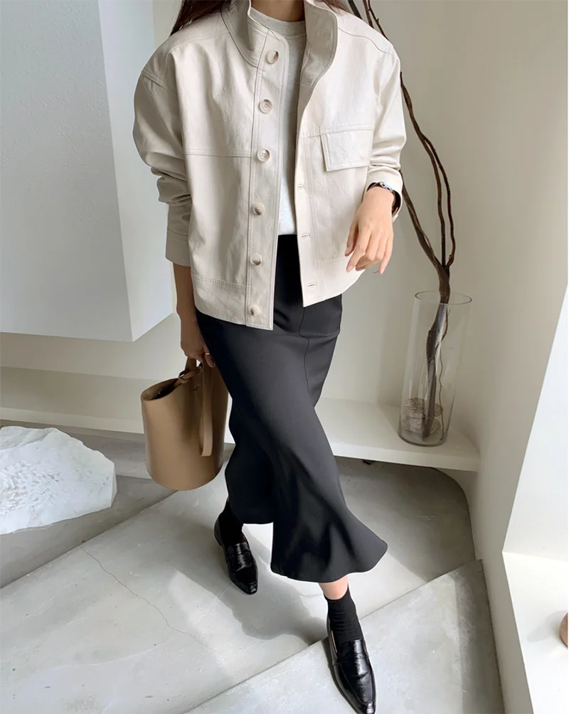ZURICHOUSE Simple Wild Single Breasted Leather Jacket Women Fashion Stand Collar Loose Casual Faux Leather Locomotive Coat