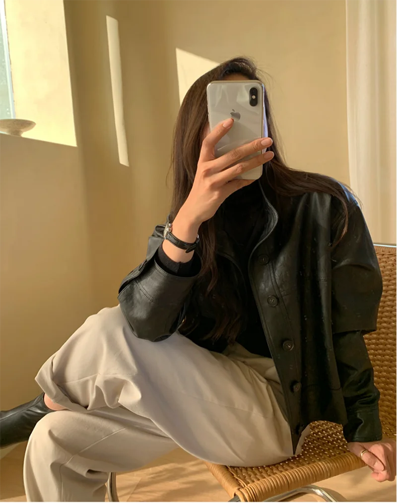 ZURICHOUSE Simple Wild Single Breasted Leather Jacket Women Fashion Stand Collar Loose Casual Faux Leather Locomotive Coat