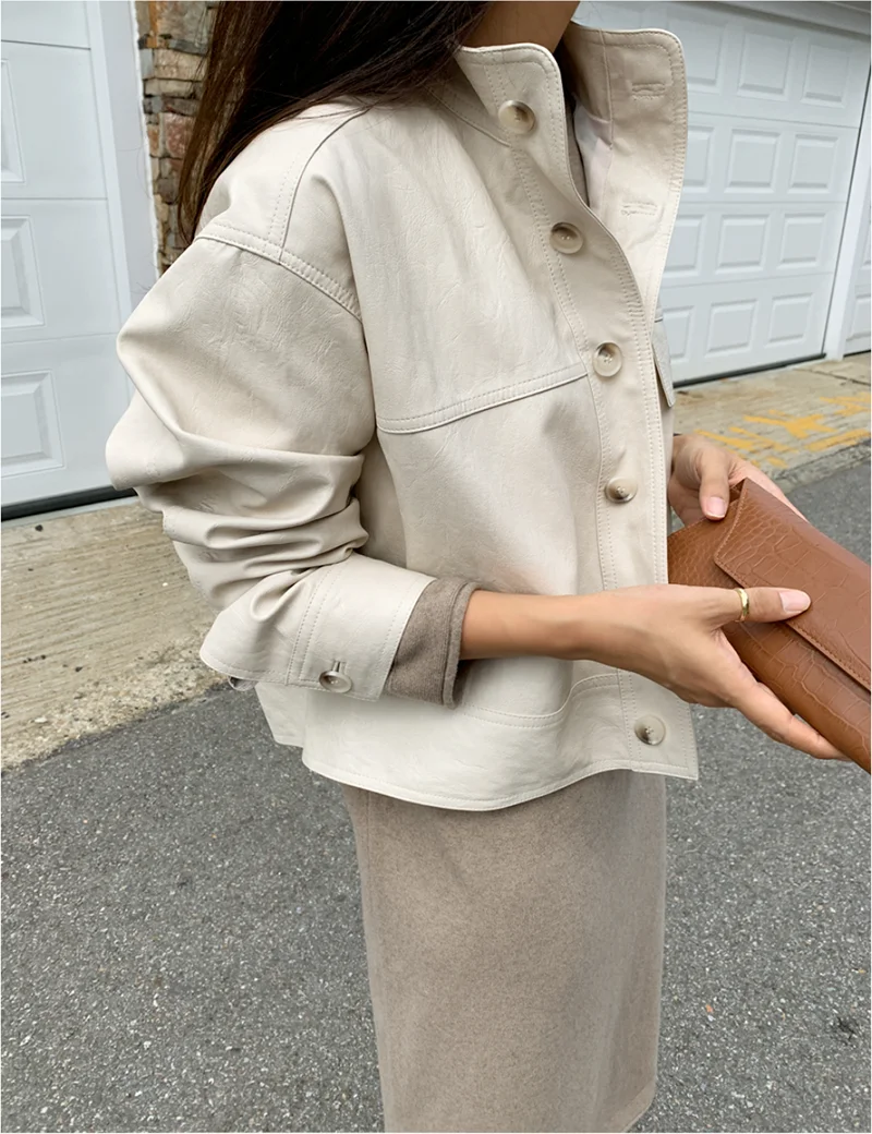 ZURICHOUSE Simple Wild Single Breasted Leather Jacket Women Fashion Stand Collar Loose Casual Faux Leather Locomotive Coat