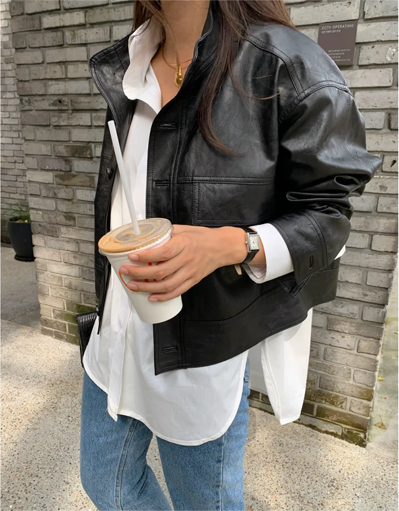 ZURICHOUSE Simple Wild Single Breasted Leather Jacket Women Fashion Stand Collar Loose Casual Faux Leather Locomotive Coat