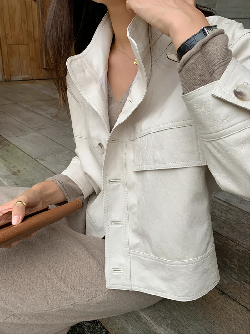 ZURICHOUSE Simple Wild Single Breasted Leather Jacket Women Fashion Stand Collar Loose Casual Faux Leather Locomotive Coat