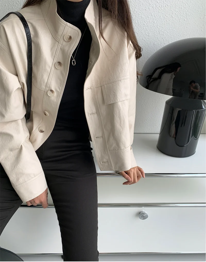 ZURICHOUSE Simple Wild Single Breasted Leather Jacket Women Fashion Stand Collar Loose Casual Faux Leather Locomotive Coat