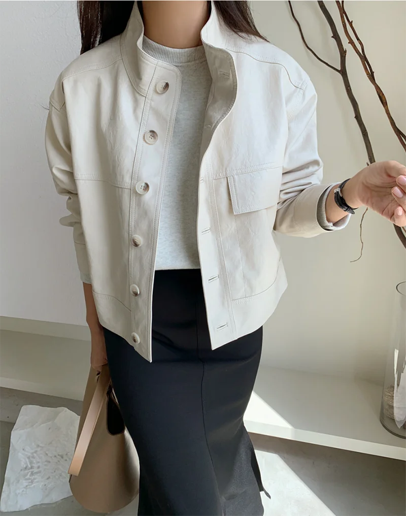 ZURICHOUSE Simple Wild Single Breasted Leather Jacket Women Fashion Stand Collar Loose Casual Faux Leather Locomotive Coat