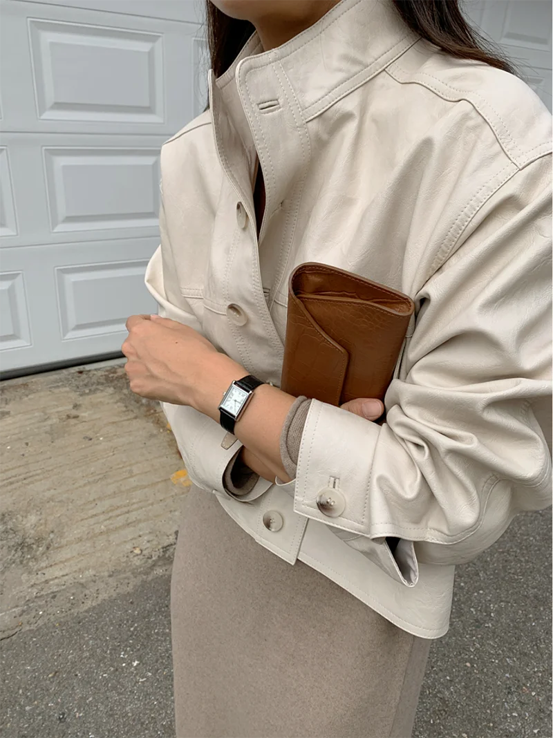 ZURICHOUSE Simple Wild Single Breasted Leather Jacket Women Fashion Stand Collar Loose Casual Faux Leather Locomotive Coat