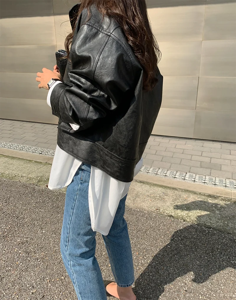ZURICHOUSE Simple Wild Single Breasted Leather Jacket Women Fashion Stand Collar Loose Casual Faux Leather Locomotive Coat