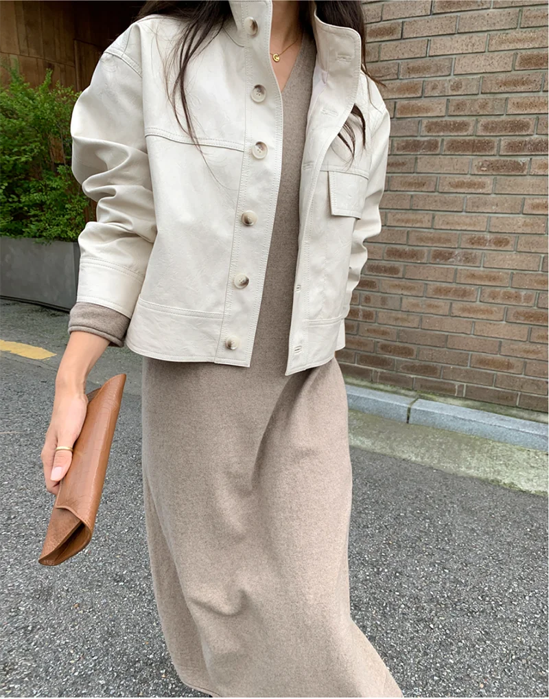 ZURICHOUSE Simple Wild Single Breasted Leather Jacket Women Fashion Stand Collar Loose Casual Faux Leather Locomotive Coat