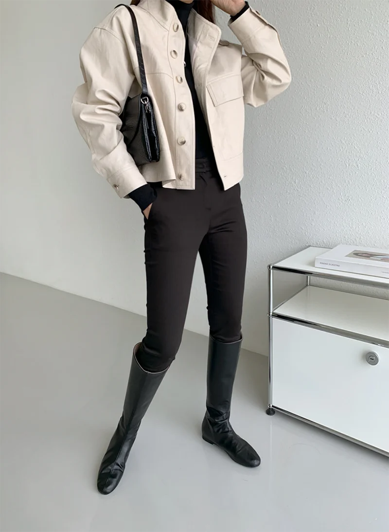 ZURICHOUSE Simple Wild Single Breasted Leather Jacket Women Fashion Stand Collar Loose Casual Faux Leather Locomotive Coat