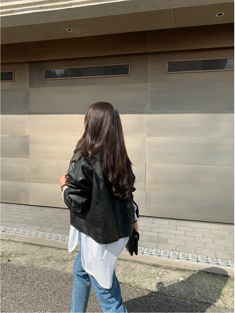 ZURICHOUSE Simple Wild Single Breasted Leather Jacket Women Fashion Stand Collar Loose Casual Faux Leather Locomotive Coat