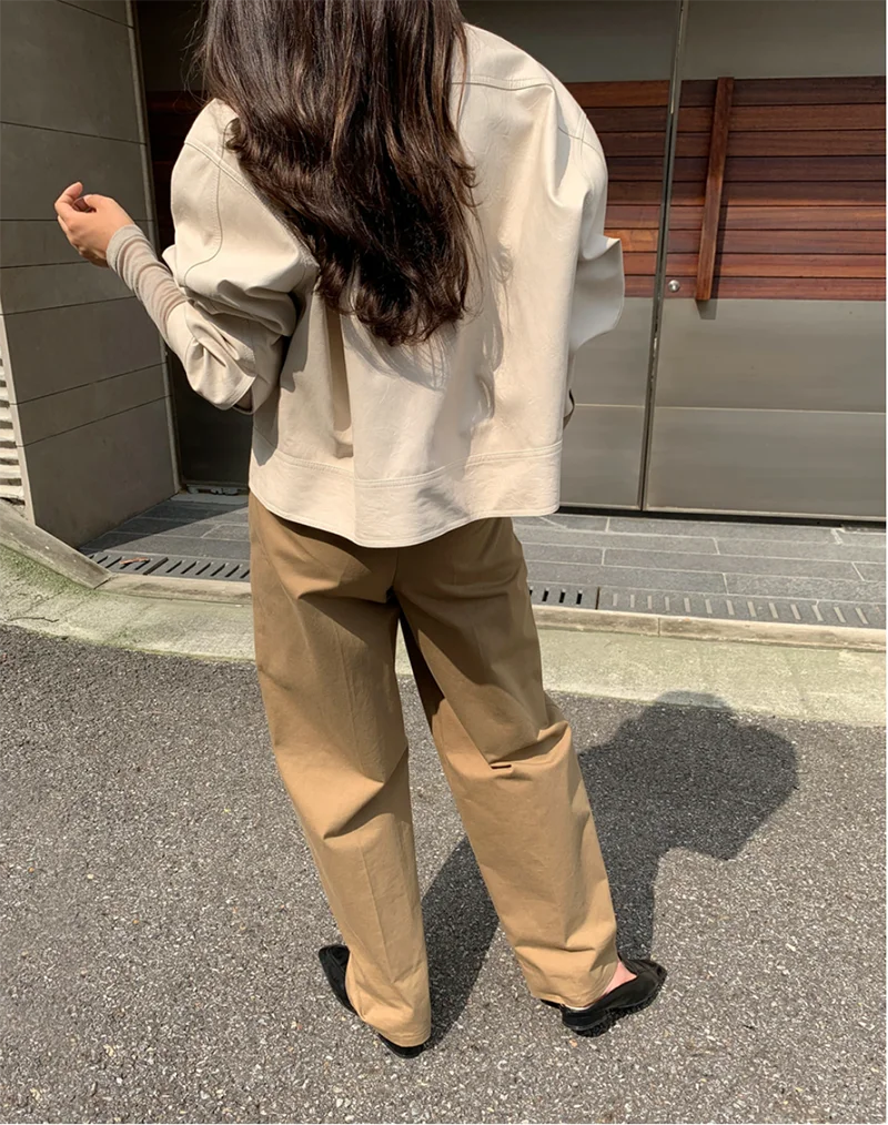 ZURICHOUSE Simple Wild Single Breasted Leather Jacket Women Fashion Stand Collar Loose Casual Faux Leather Locomotive Coat