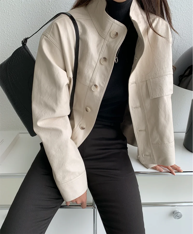 ZURICHOUSE Simple Wild Single Breasted Leather Jacket Women Fashion Stand Collar Loose Casual Faux Leather Locomotive Coat