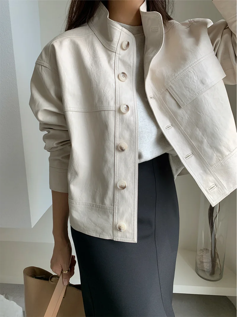 ZURICHOUSE Simple Wild Single Breasted Leather Jacket Women Fashion Stand Collar Loose Casual Faux Leather Locomotive Coat