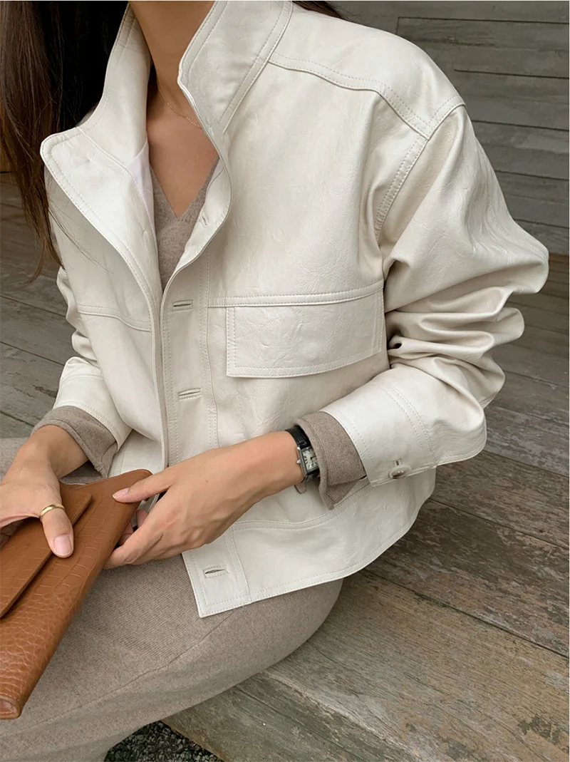 ZURICHOUSE Simple Wild Single Breasted Leather Jacket Women Fashion Stand Collar Loose Casual Faux Leather Locomotive Coat
