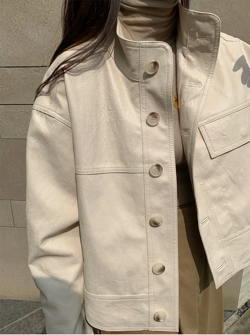 ZURICHOUSE Simple Wild Single Breasted Leather Jacket Women Fashion Stand Collar Loose Casual Faux Leather Locomotive Coat