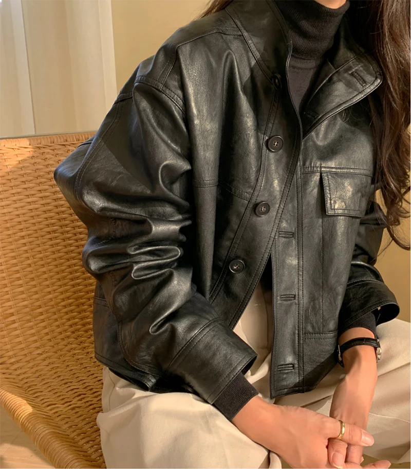 ZURICHOUSE Simple Wild Single Breasted Leather Jacket Women Fashion Stand Collar Loose Casual Faux Leather Locomotive Coat