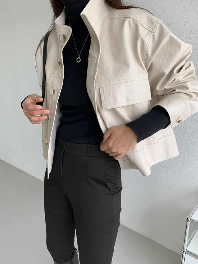 ZURICHOUSE Simple Wild Single Breasted Leather Jacket Women Fashion Stand Collar Loose Casual Faux Leather Locomotive Coat