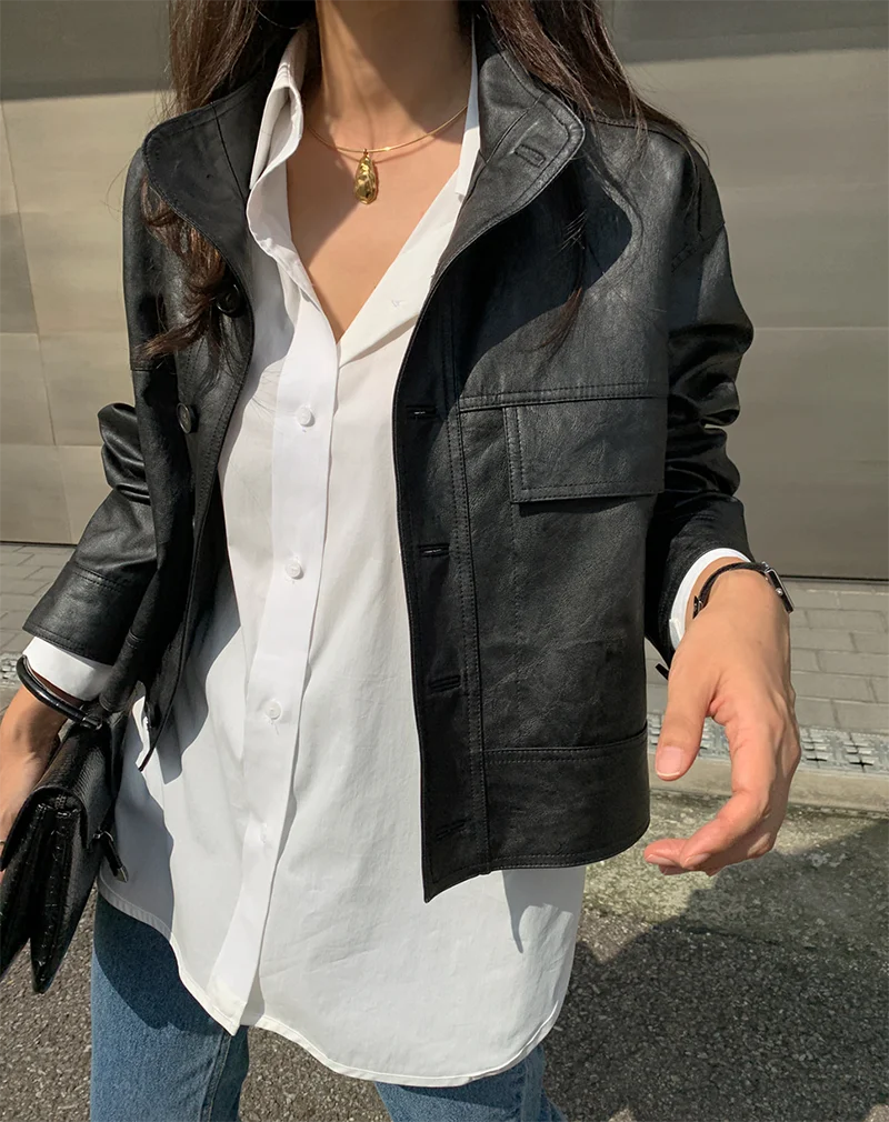 ZURICHOUSE Simple Wild Single Breasted Leather Jacket Women Fashion Stand Collar Loose Casual Faux Leather Locomotive Coat