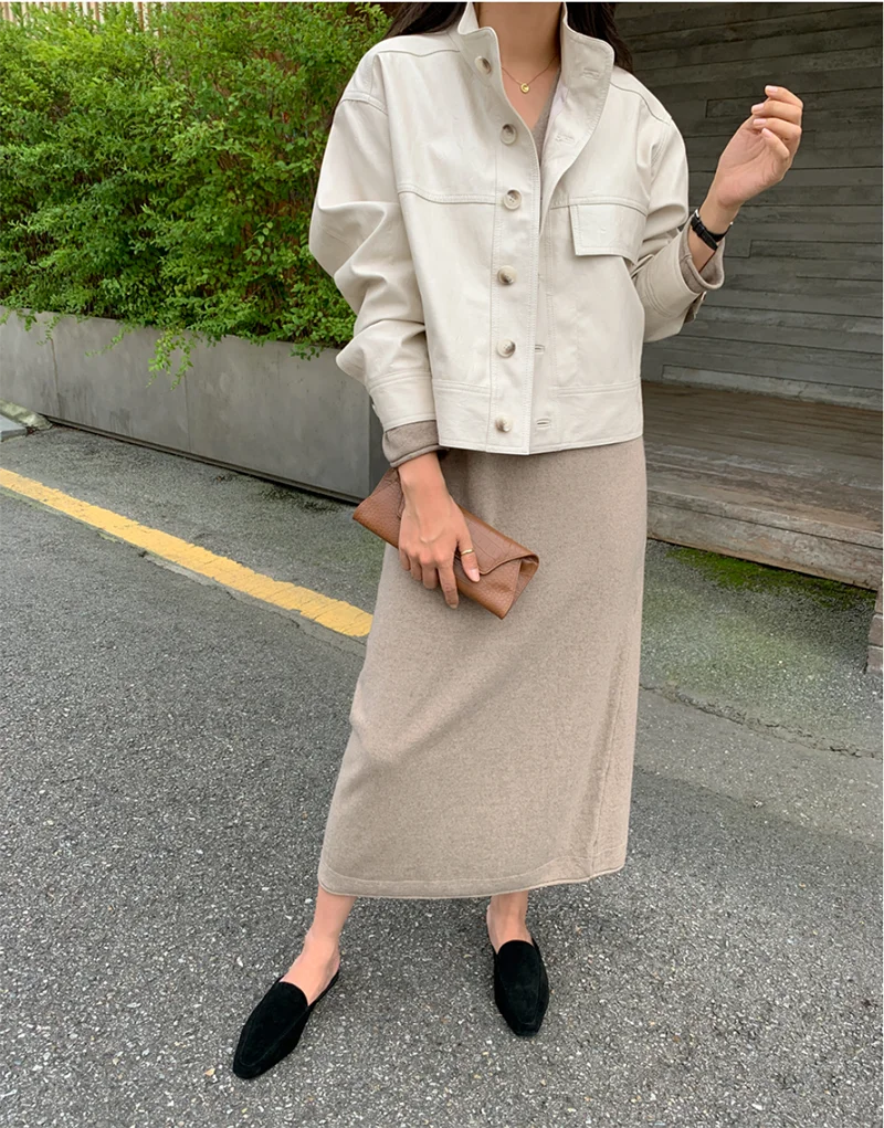 ZURICHOUSE Simple Wild Single Breasted Leather Jacket Women Fashion Stand Collar Loose Casual Faux Leather Locomotive Coat