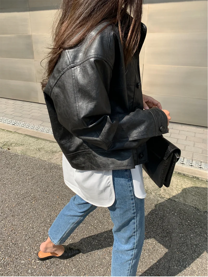 ZURICHOUSE Simple Wild Single Breasted Leather Jacket Women Fashion Stand Collar Loose Casual Faux Leather Locomotive Coat