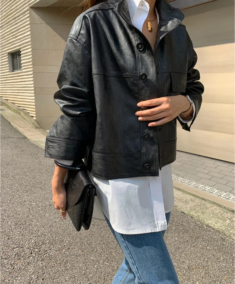 ZURICHOUSE Simple Wild Single Breasted Leather Jacket Women Fashion Stand Collar Loose Casual Faux Leather Locomotive Coat