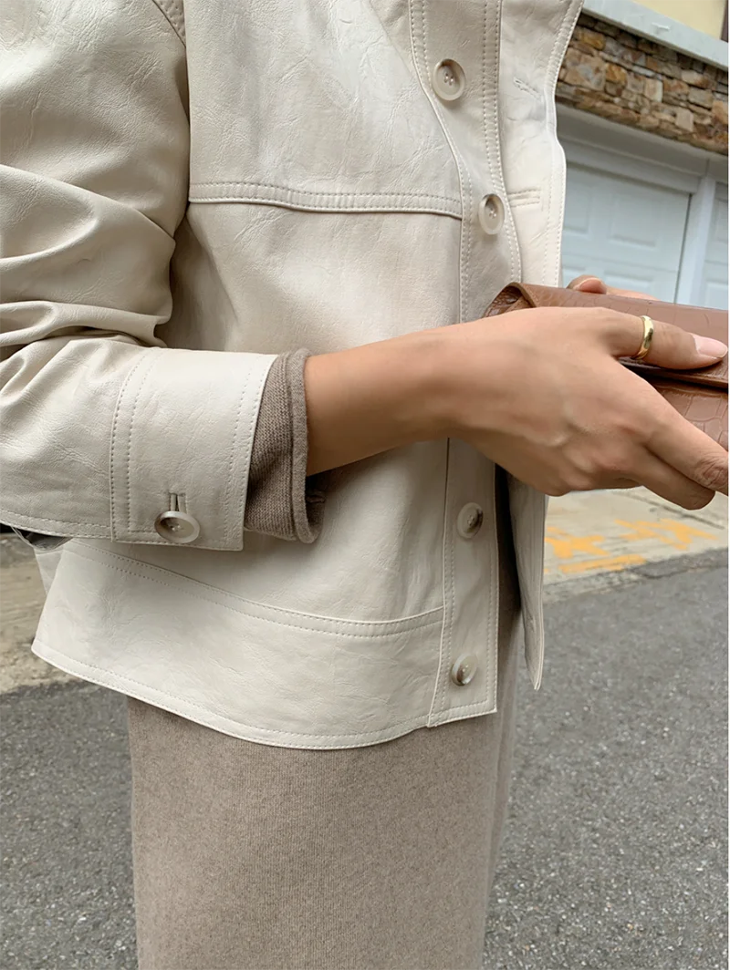 ZURICHOUSE Simple Wild Single Breasted Leather Jacket Women Fashion Stand Collar Loose Casual Faux Leather Locomotive Coat