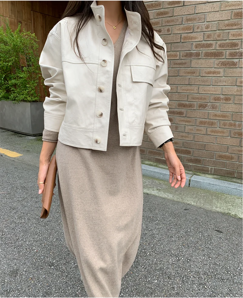 ZURICHOUSE Simple Wild Single Breasted Leather Jacket Women Fashion Stand Collar Loose Casual Faux Leather Locomotive Coat