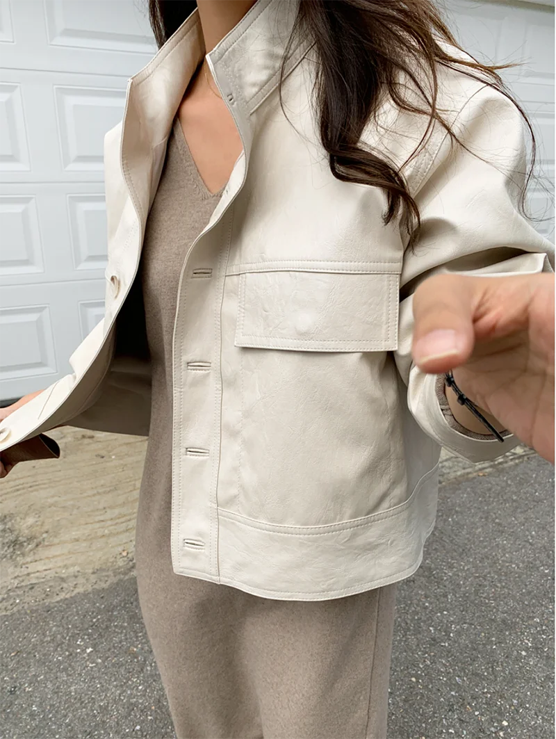 ZURICHOUSE Simple Wild Single Breasted Leather Jacket Women Fashion Stand Collar Loose Casual Faux Leather Locomotive Coat