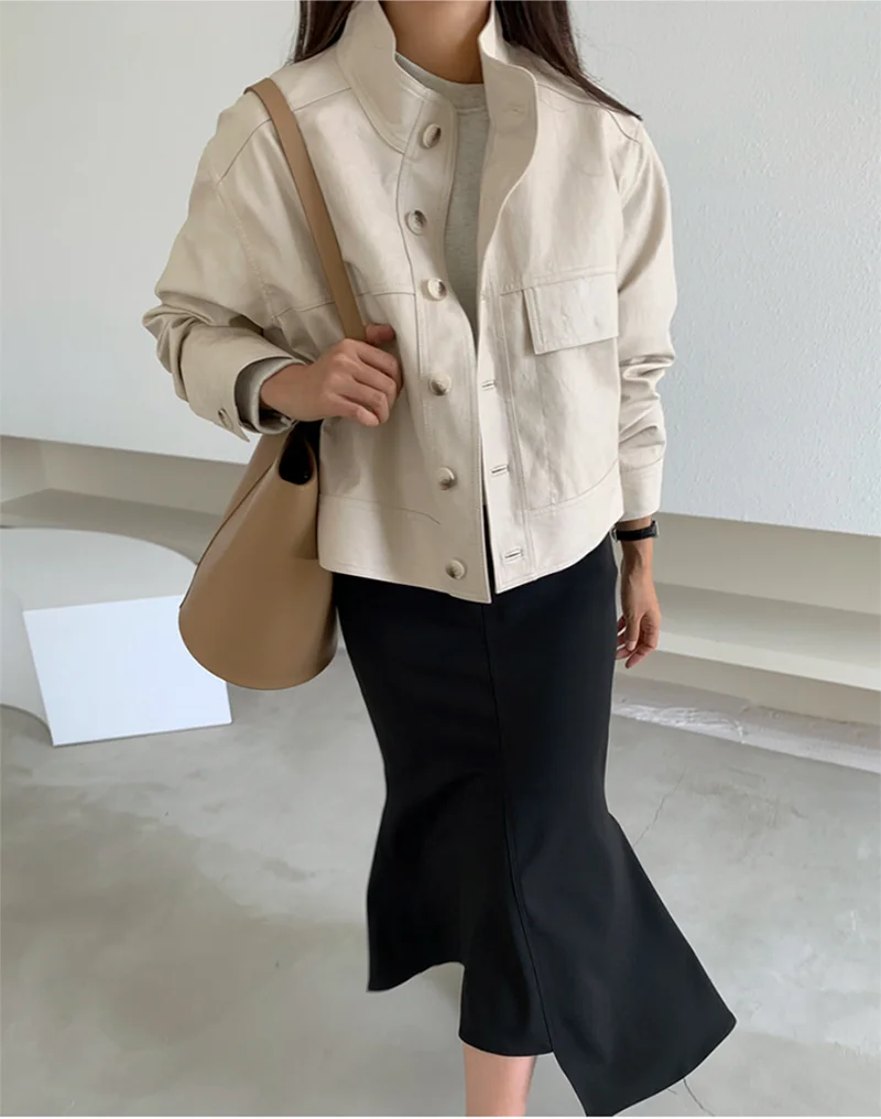 ZURICHOUSE Simple Wild Single Breasted Leather Jacket Women Fashion Stand Collar Loose Casual Faux Leather Locomotive Coat