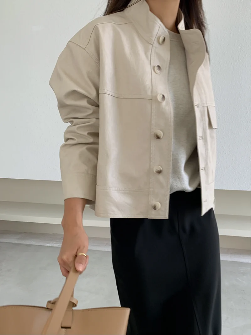 ZURICHOUSE Simple Wild Single Breasted Leather Jacket Women Fashion Stand Collar Loose Casual Faux Leather Locomotive Coat