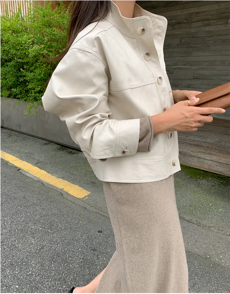 ZURICHOUSE Simple Wild Single Breasted Leather Jacket Women Fashion Stand Collar Loose Casual Faux Leather Locomotive Coat