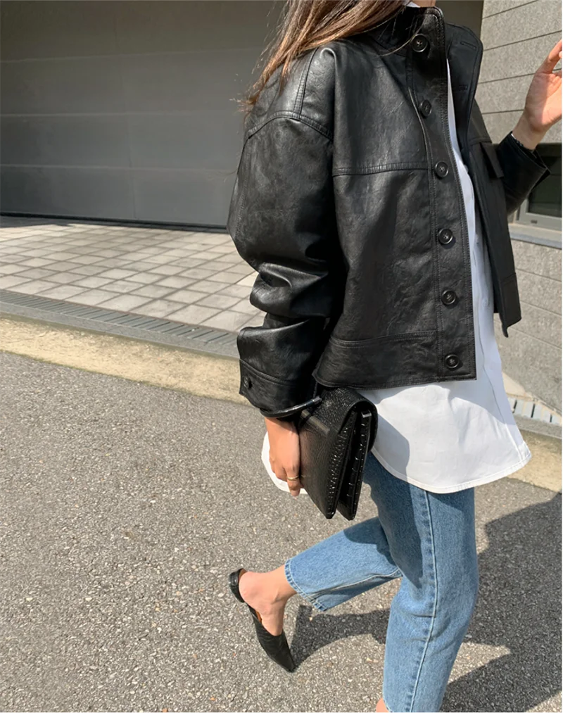 ZURICHOUSE Simple Wild Single Breasted Leather Jacket Women Fashion Stand Collar Loose Casual Faux Leather Locomotive Coat