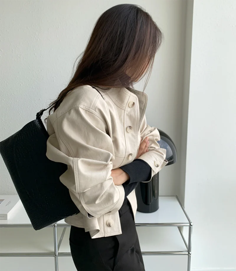ZURICHOUSE Simple Wild Single Breasted Leather Jacket Women Fashion Stand Collar Loose Casual Faux Leather Locomotive Coat