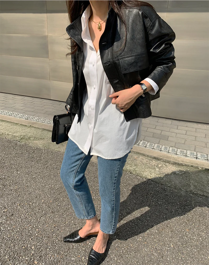 ZURICHOUSE Simple Wild Single Breasted Leather Jacket Women Fashion Stand Collar Loose Casual Faux Leather Locomotive Coat