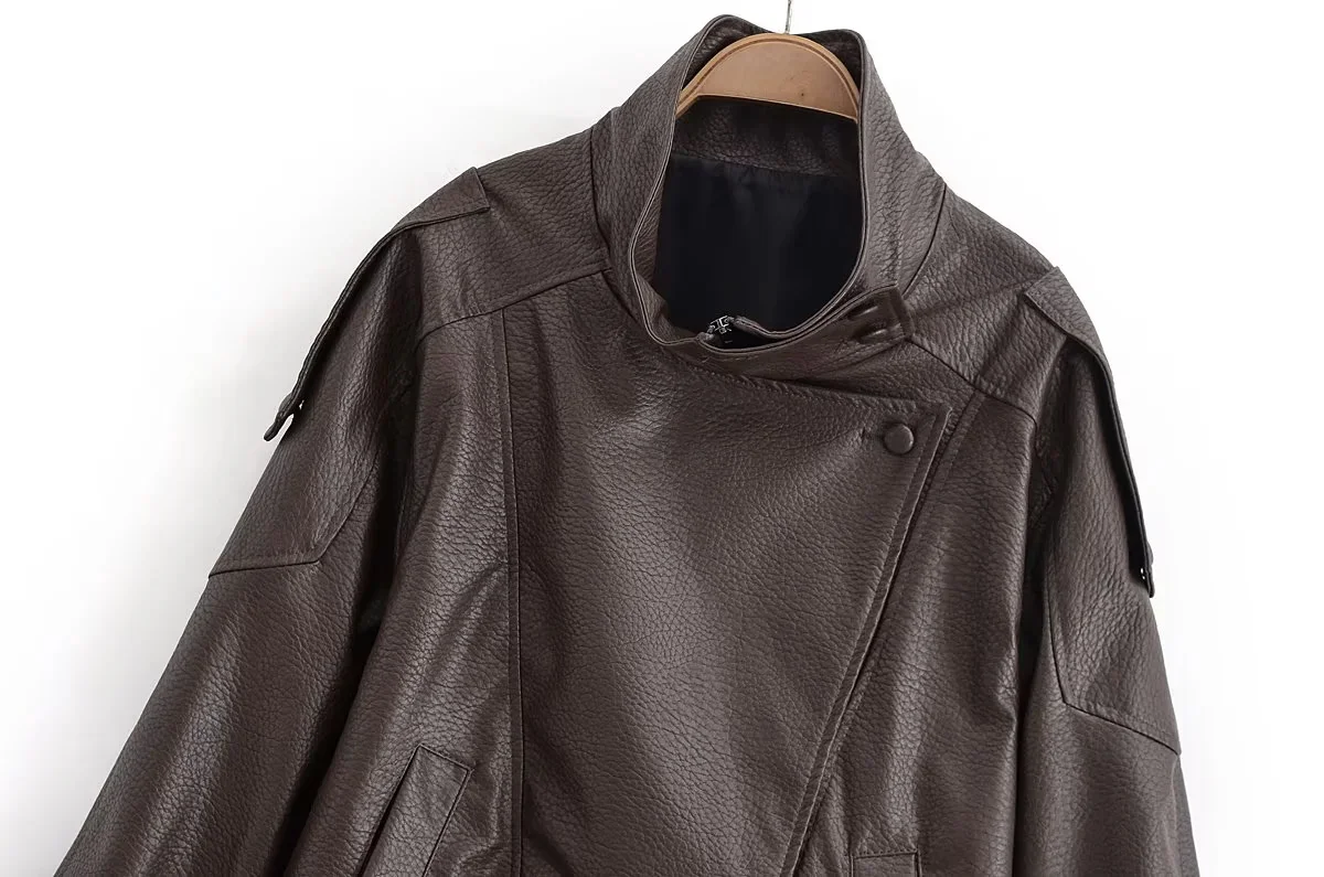 KONDALA 2026 Spring Autumn Faux Leather Women Vintage Coats Fashion Streetwear Zipper Turndown Collar Christmas Ladies Leathers