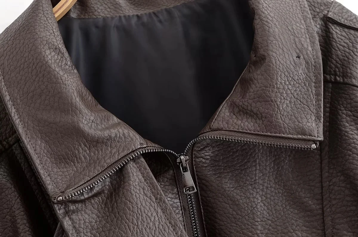 KONDALA 2026 Spring Autumn Faux Leather Women Vintage Coats Fashion Streetwear Zipper Turndown Collar Christmas Ladies Leathers