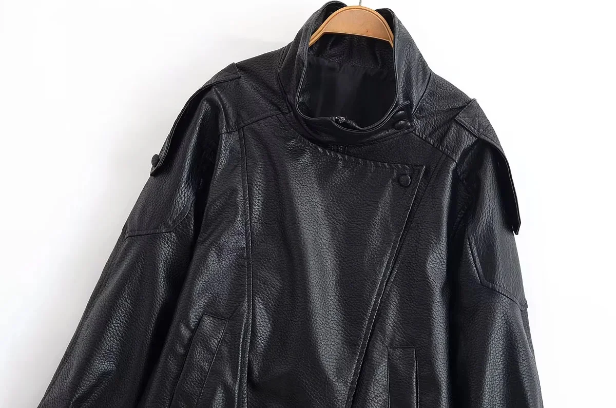 KONDALA 2026 Spring Autumn Faux Leather Women Vintage Coats Fashion Streetwear Zipper Turndown Collar Christmas Ladies Leathers