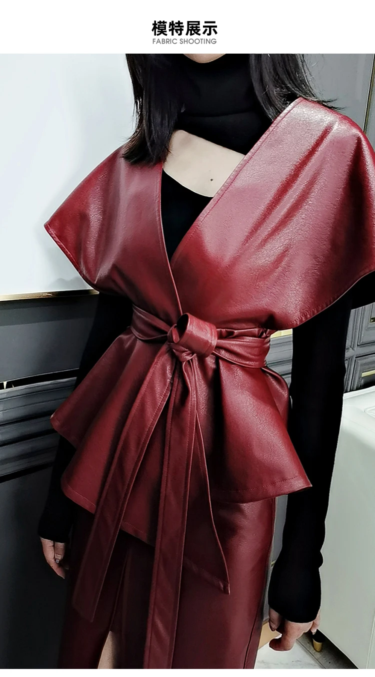 Lautaro Spring Luxury Designer Faux Leather Jacket Women Sashes Red Wine Cape Shawls for Women Gothic Cloak Runway Fashion 2022