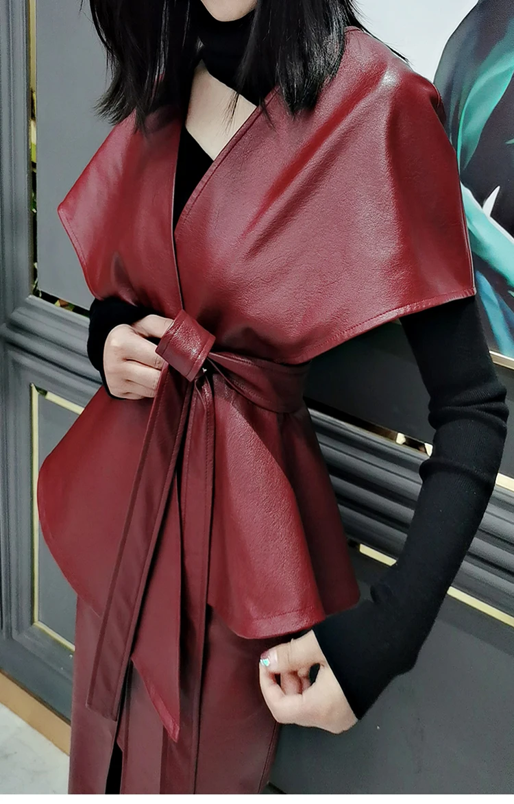 Lautaro Spring Luxury Designer Faux Leather Jacket Women Sashes Red Wine Cape Shawls for Women Gothic Cloak Runway Fashion 2022