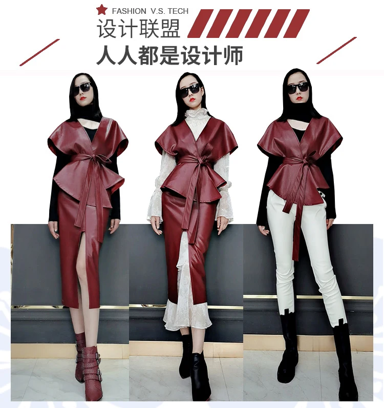 Lautaro Spring Luxury Designer Faux Leather Jacket Women Sashes Red Wine Cape Shawls for Women Gothic Cloak Runway Fashion 2022