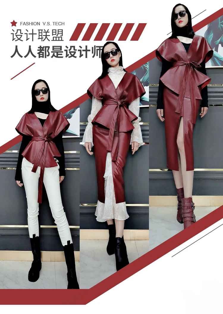 Lautaro Spring Luxury Designer Faux Leather Jacket Women Sashes Red Wine Cape Shawls for Women Gothic Cloak Runway Fashion 2022