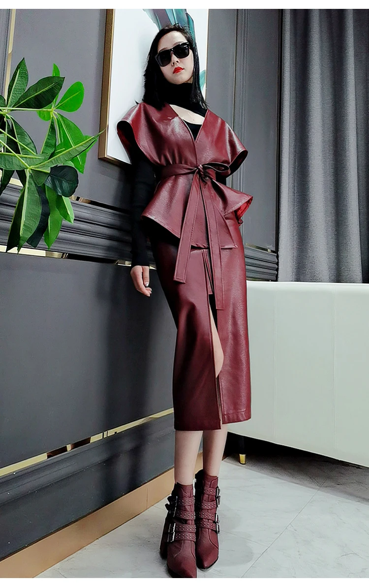 Lautaro Spring Luxury Designer Faux Leather Jacket Women Sashes Red Wine Cape Shawls for Women Gothic Cloak Runway Fashion 2022