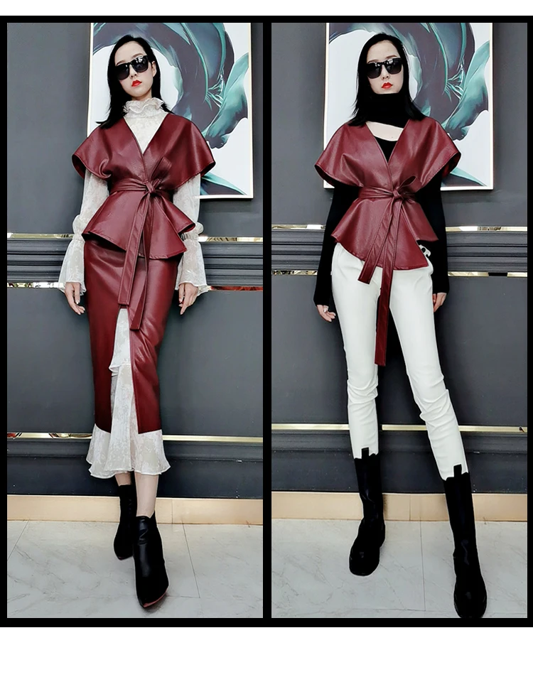 Lautaro Spring Luxury Designer Faux Leather Jacket Women Sashes Red Wine Cape Shawls for Women Gothic Cloak Runway Fashion 2022