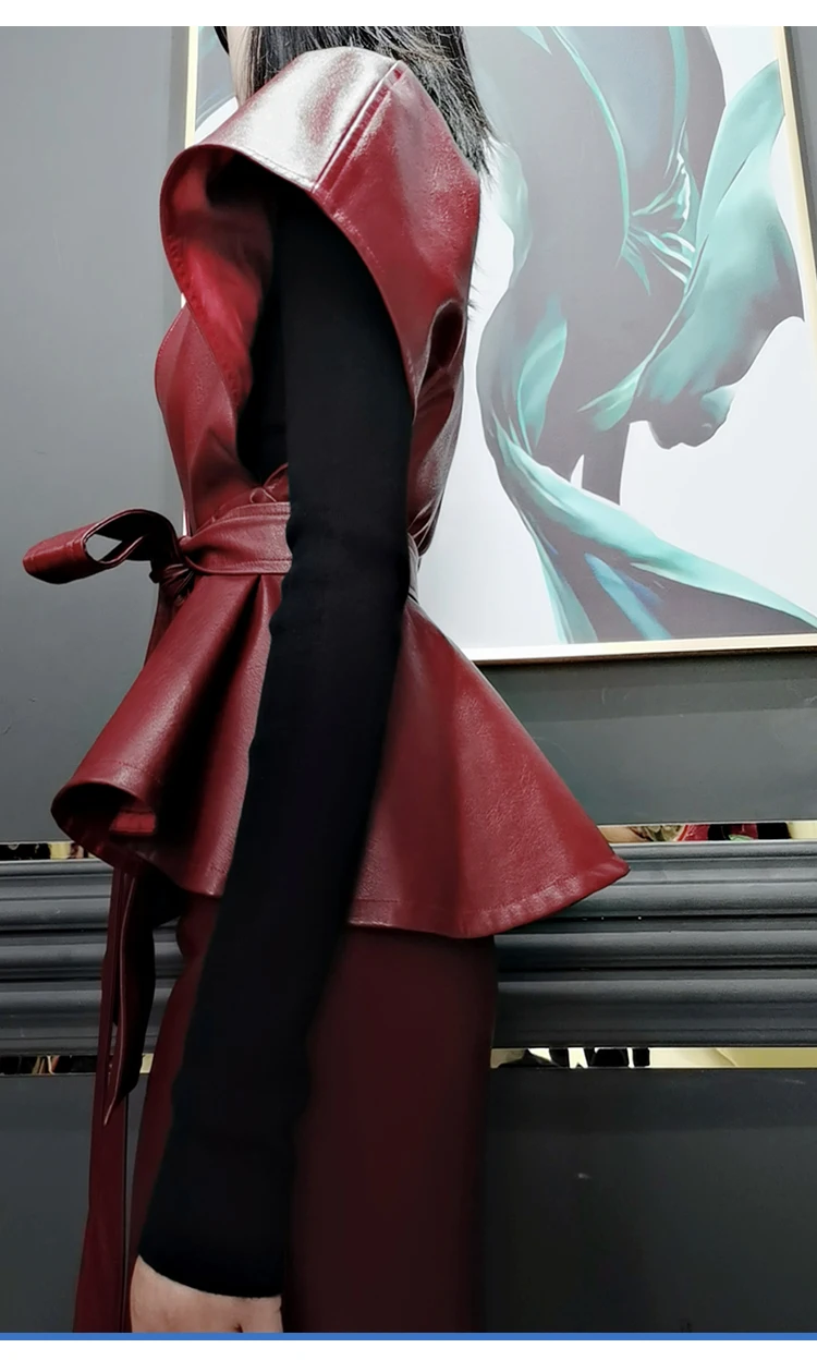 Lautaro Spring Luxury Designer Faux Leather Jacket Women Sashes Red Wine Cape Shawls for Women Gothic Cloak Runway Fashion 2022
