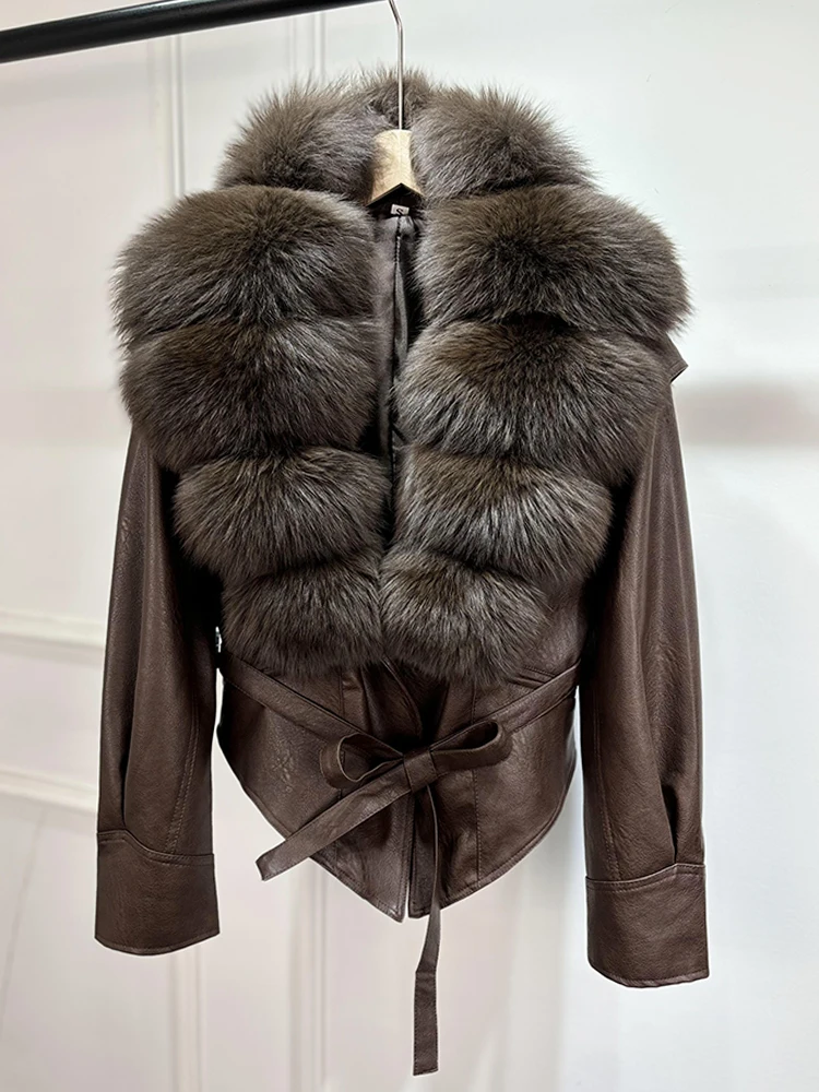 Janveny Huge Big Natural Fox Fur 2025 New Autumen Winter Pu Faux Leather Jacket Women Casual Female Lapel Zipper Motorcycle Coat