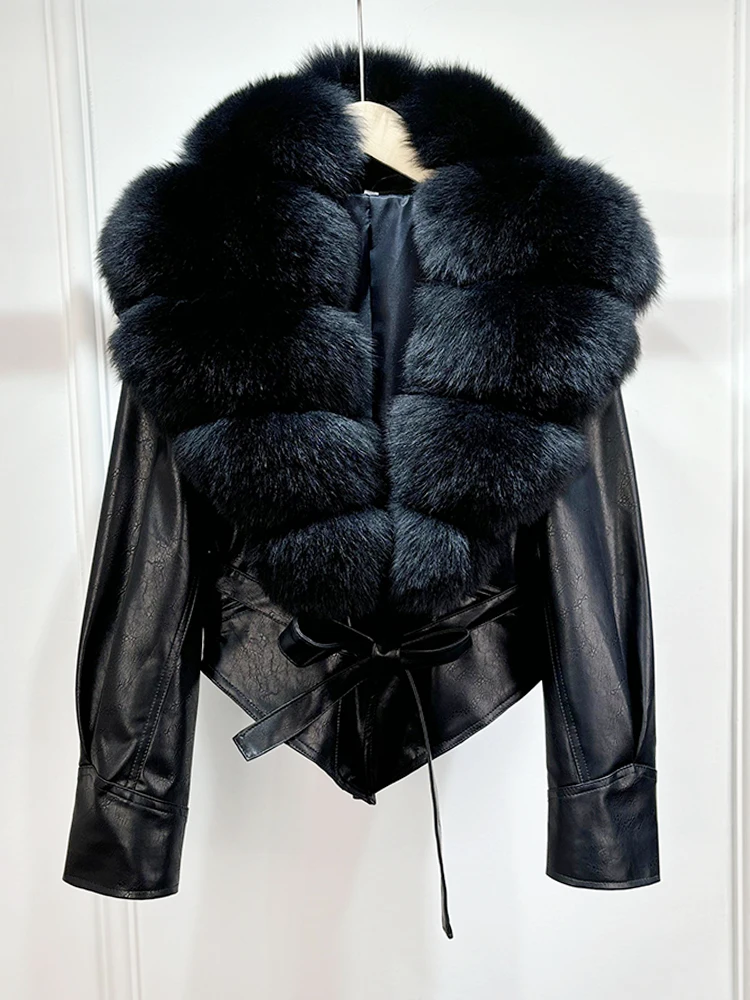 Janveny Huge Big Natural Fox Fur 2025 New Autumen Winter Pu Faux Leather Jacket Women Casual Female Lapel Zipper Motorcycle Coat