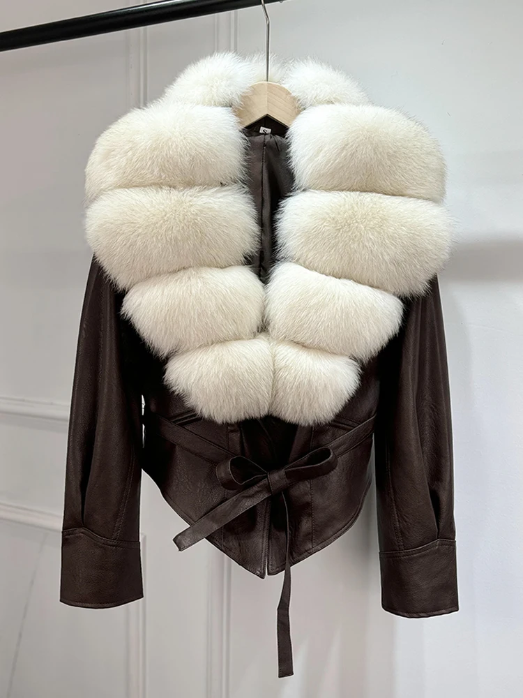 Janveny Huge Big Natural Fox Fur 2025 New Autumen Winter Pu Faux Leather Jacket Women Casual Female Lapel Zipper Motorcycle Coat