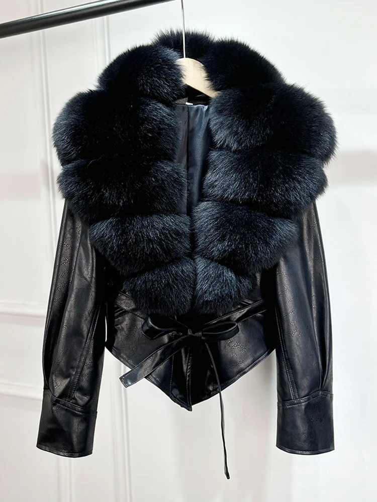 Janveny Huge Big Natural Fox Fur 2025 New Autumen Winter Pu Faux Leather Jacket Women Casual Female Lapel Zipper Motorcycle Coat