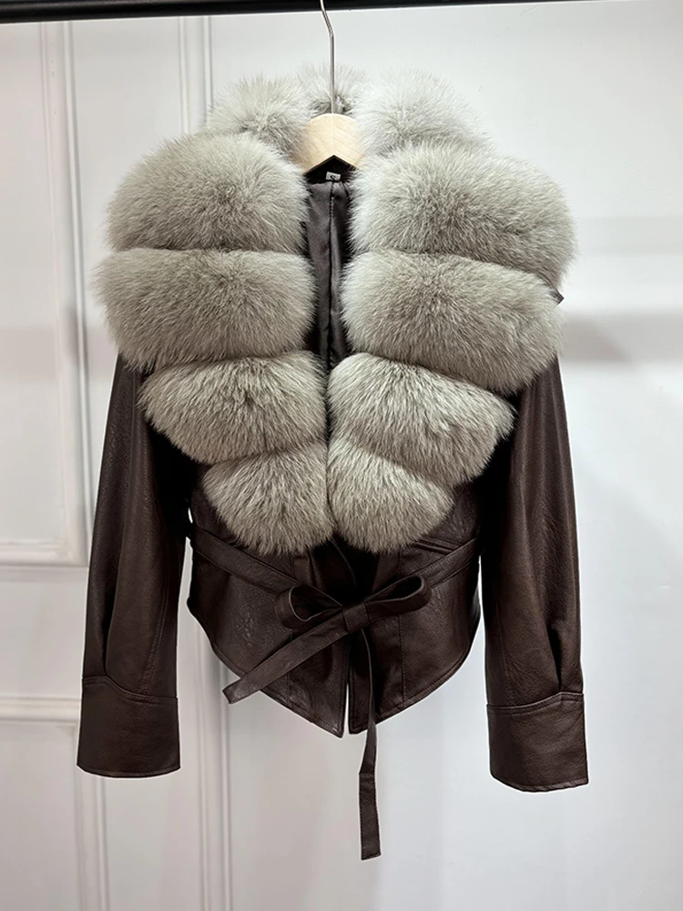 Janveny Huge Big Natural Fox Fur 2025 New Autumen Winter Pu Faux Leather Jacket Women Casual Female Lapel Zipper Motorcycle Coat