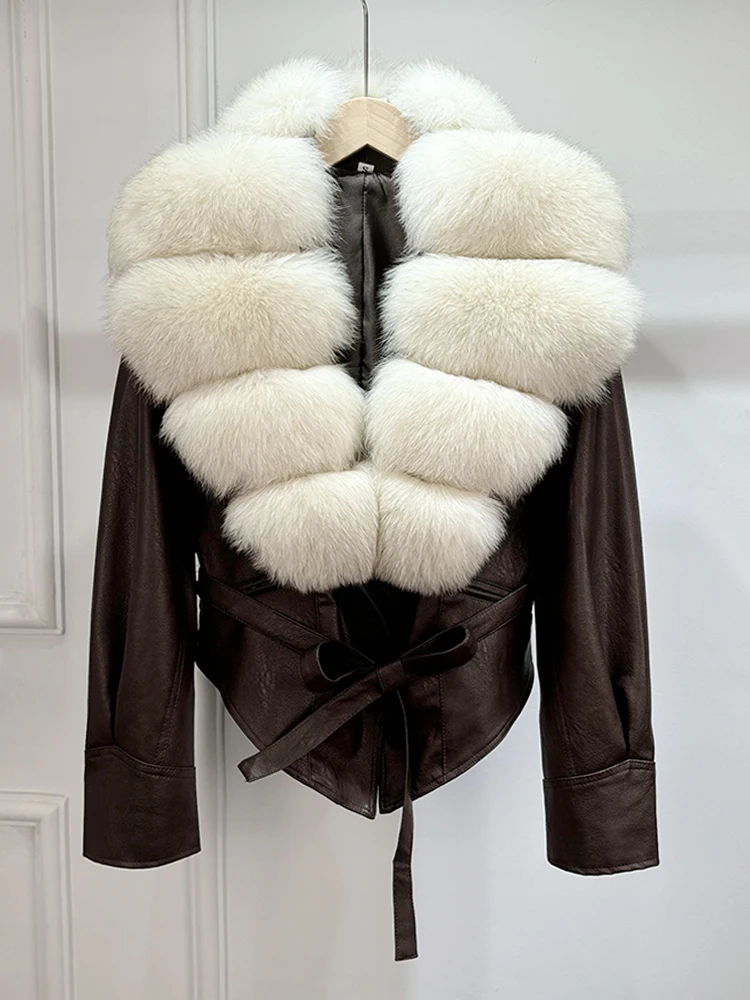 Janveny Huge Big Natural Fox Fur 2025 New Autumen Winter Pu Faux Leather Jacket Women Casual Female Lapel Zipper Motorcycle Coat