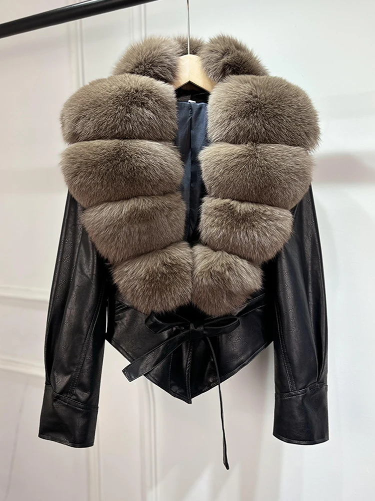 Janveny Huge Big Natural Fox Fur 2025 New Autumen Winter Pu Faux Leather Jacket Women Casual Female Lapel Zipper Motorcycle Coat